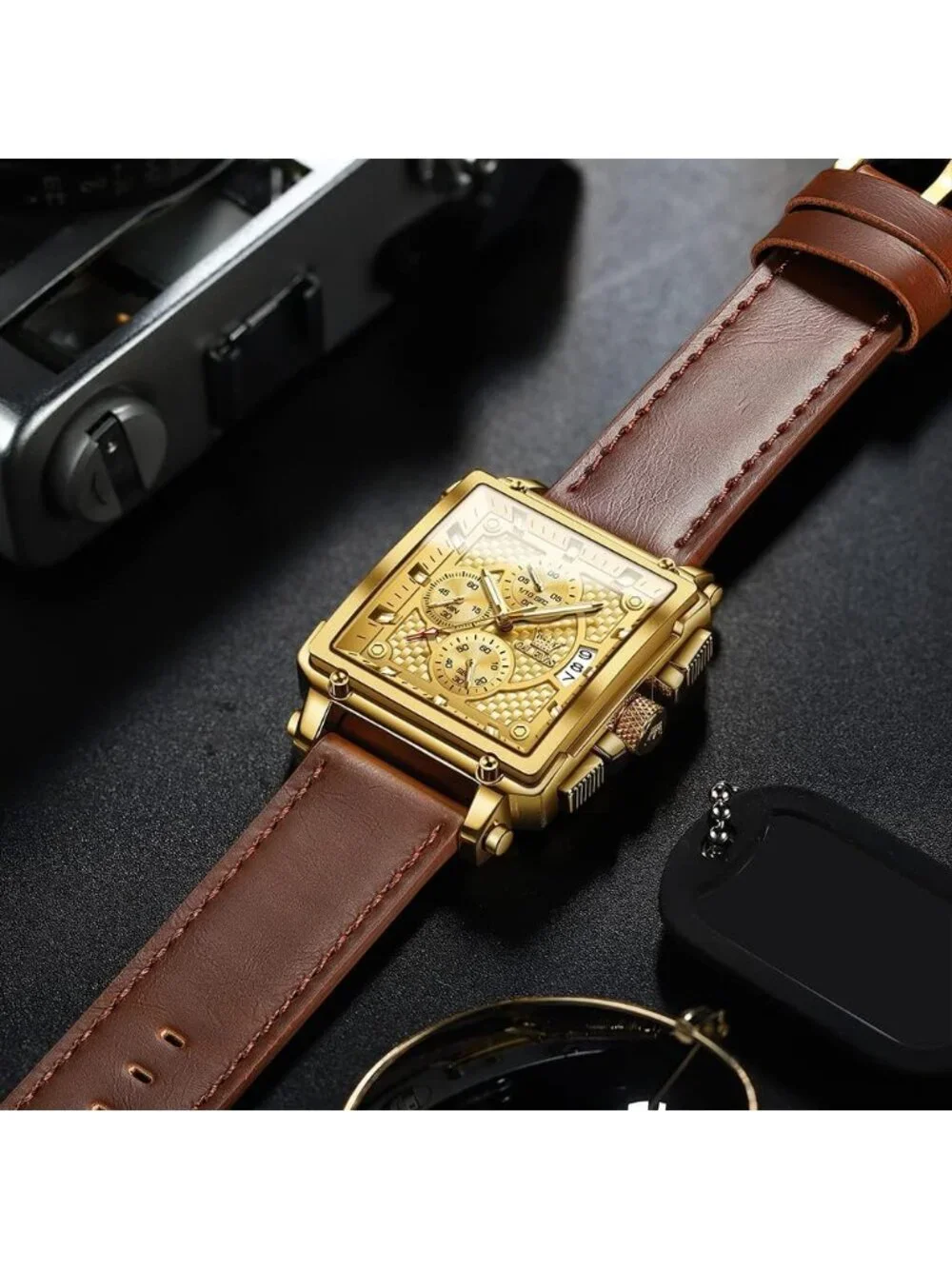 Men's Gold Brown Leather Chronograph Watch Big Face Waterproof Luminous Watch